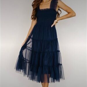 Baltic Born Navy Smocked Tiered Tulle Midi Dress
